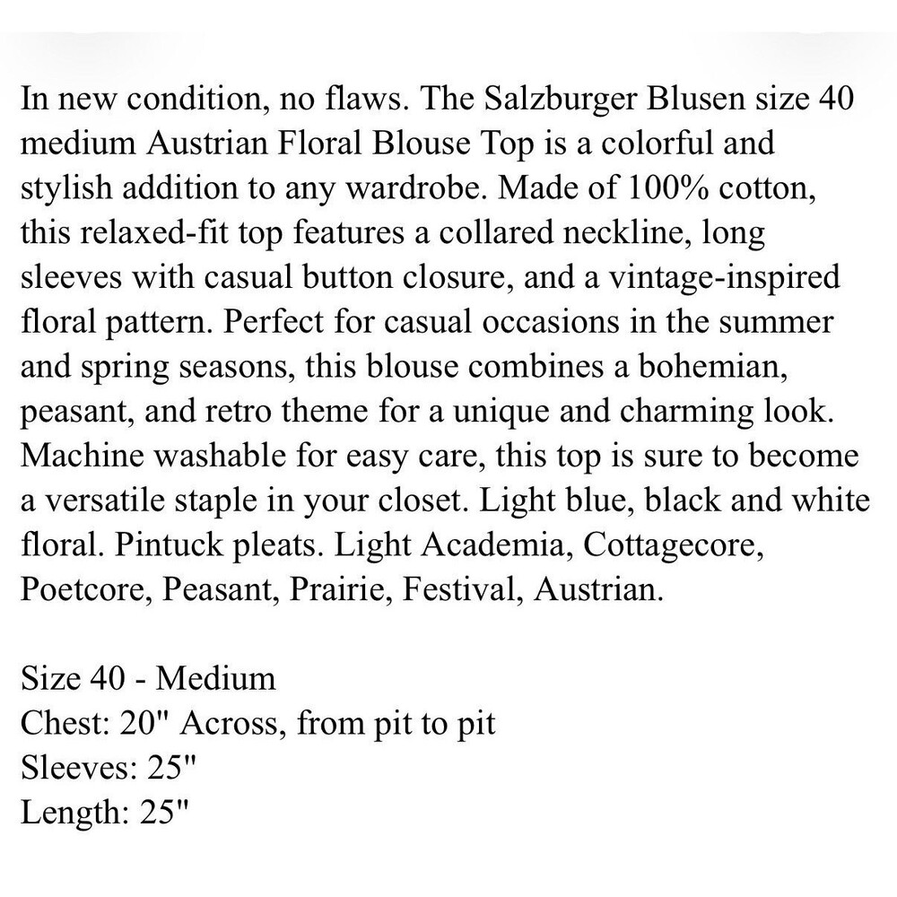 Salzburger Blusen sz. 40 Medium Austrian Floral Blouse Top Cottagecore Poetcore - Picture 8 of 8
